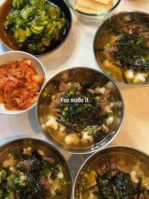 … with much love, - from Mama❤️ Korean New Year’s Day Soup (Rice Cake Soup, 떡국) Ingredients: Neutral oil 1 Tbsp Beef brisket 1 lb. cut into bite size Water 14 cups Korean rice cakes 2 lb. Garlic 8 cloves, finely chopped Salt & pepper to taste  Sesame oil 2 Tbsps Egg 2 Green onions 4, chopped  Roasted seaweed sheets 15 g, crushed  Steps: In a pot, heat oil over medium. Sauté beef till lightly brown. Add water. Bring to a boil and remove scum. Cover and simmer for 30 to 45 minutes. Soak rice cakes in cold water for 20 minutes. Drain. Add garlic and rice cakes in broth.  Bring to a boil and cook for 5 to 7 minutes. Remove foam. Season with salt & pepper and sesame oil. Beat eggs. Drizzle in broth slowly.  Garnish with green onions and seaweed. Enjoy! #koreansoup #souprecipe #soupseason #koreanrecipe #happynewyear2025 #newyear2025 #2025 