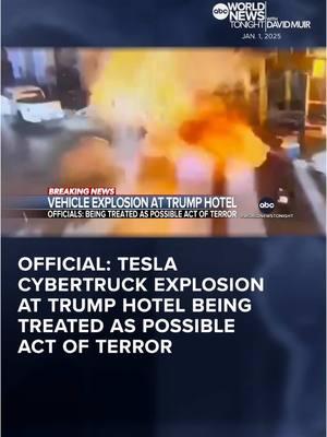 A #Tesla #Cybertruck exploded outside the entrance to the Trump International Hotel in #LasVegas, with authorities treating it as a possible act of terrorism. The vehicle was packed with fireworks-style mortars, according to an official. #MolaLenghi reports. #WorldNewsTonight #WNT #DavidMuir #News #ABCNews