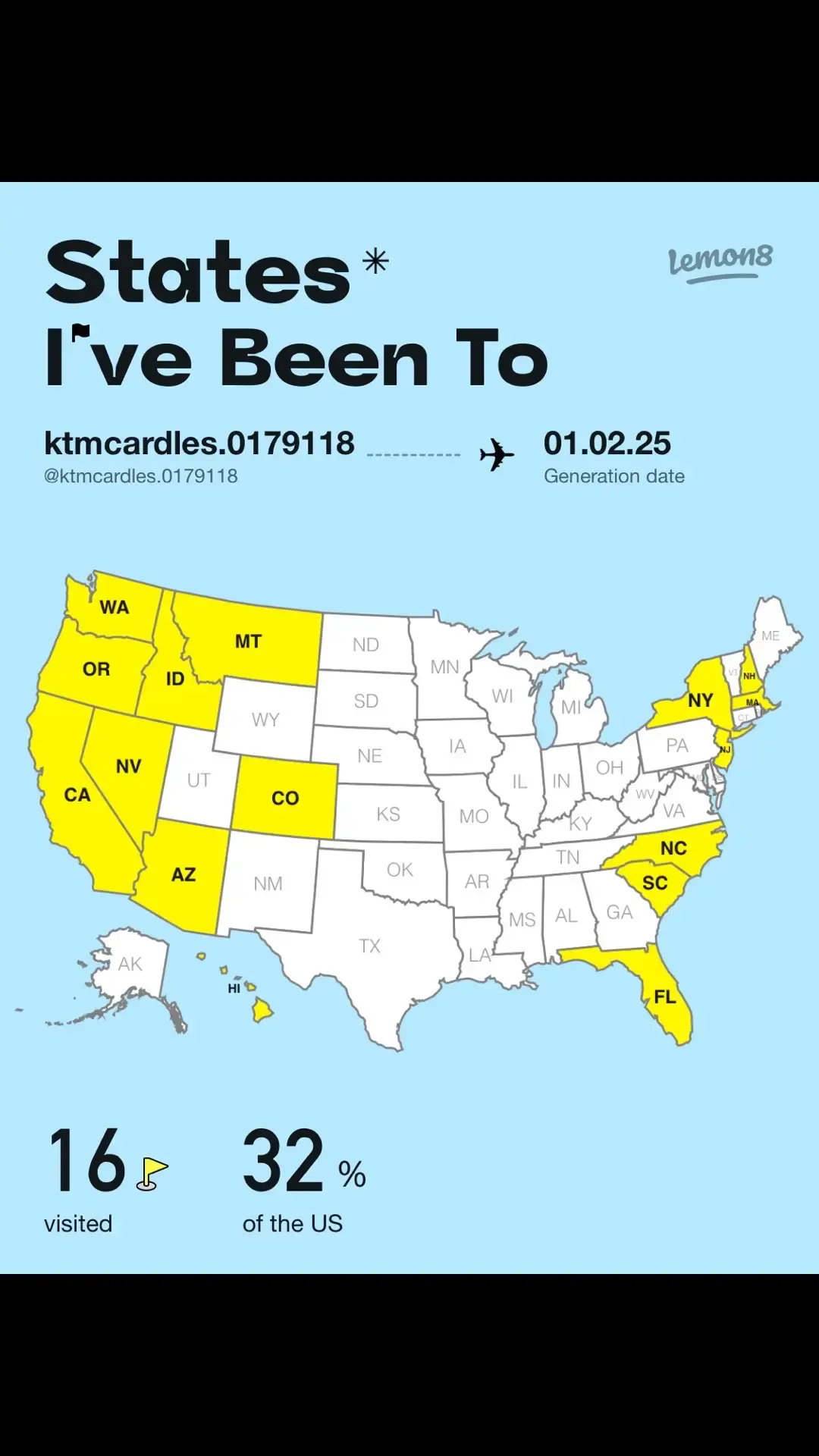 I’ve visited 16 states in the United States!  Damn I need to travel more!#statesivebeento#Lemon8 #katiemcardle 