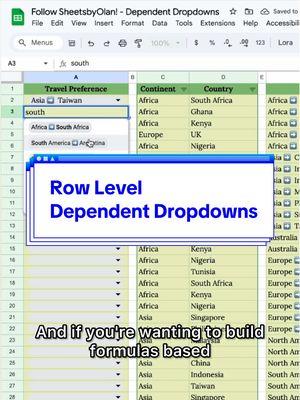 Row level dependent dropdowns are a great way to keep your dropdown options nice and tidy. Original Video: @SheetsbyOlan  #googlesheets #googlesheetstips #spreadsheet 