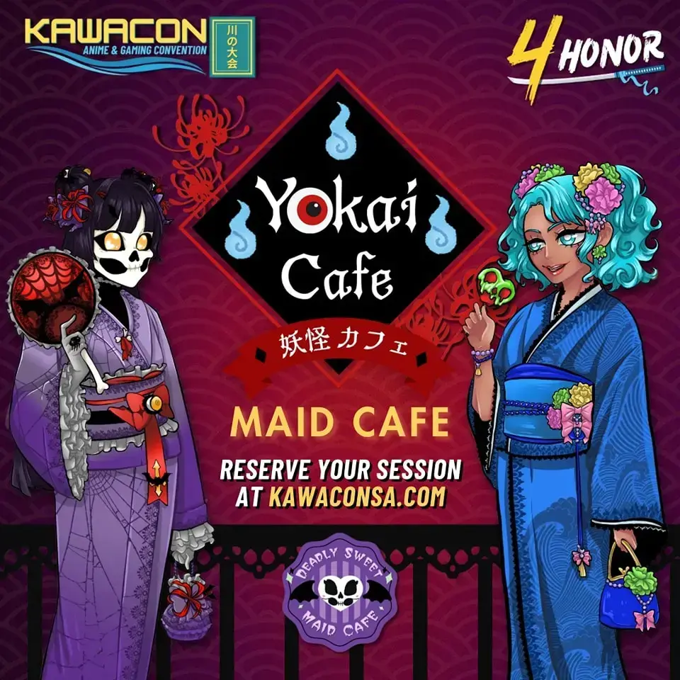 We will be hosting a Yokai-themed café at Kawacon 4 Honor! Here you can try themed snacks, play games, and enjoy a spooky idol performance by the monster maids! Admission includes one drink, one snack, and a small gift. We do not offer refunds for café sessions at this time. Please be mindful of session times when purchasing your tickets. A valid badge for Kawacon is required for entry.  #メイド #fyp #maid #deadlysweetmaidcafe #monstermaid #tiktok #texas #SmallBusiness #popup #sanantonio #maidcafe #texasmaidcafe #spookymaidcafe #gothmaidcafe #monstergirls #fyp #yokai #yokaicafe #yokaimaid #妖怪 #メイドカフェ #kawacon #kawacon2025 #kawaconmaidcafe 