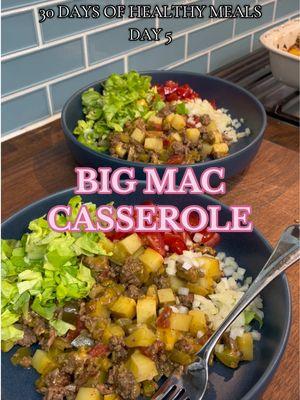 DAY 5 of healthy meal ideas is Big Mac Casserole. This casserole has all the yummy ingredients of a burger and fries but without the bun! It is filled with potatoes, beef, and a sprinkle of cheddar cheese. This is a perfect meal to make after a long day of work and I always have leftovers. I love to top mine with shredded lettuce, cherry tomatoes, and raw onions.  Ingredients: 2 potatoes, cubed  1 green bell pepper, chopped 3 pickle spears, chopped  1 onion, diced 1 pound ground beef  Garlic powder Paprika Salt Pepper Cheddar cheese #bigmaccasserole #burgerbowl #easydinnerideas #healthydinner #healthydinnerideas #healthymealideas #weeknightdinner #mealprepideas #lowcarbrecipes  #creatorsearchinsights 