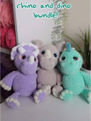 introducing my first crochet patterns of 2025, the rhino & dino bundle! 🩵 i’ve been working on these cuties for months off and on with sickness and the holidays 😅 this will be an all in one pattern with instructions for how to make all three plushies! patterns are coming soon! 🦏🦕 #crochet #plushies #crochetpattern #crochetersoftiktok #dino  #crochetdinosaur #yarn 