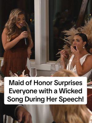 This heartfelt maid of honor speech quickly turned into a #Wicked performance! 🎶😂 Alyssa’s priceless reaction made this moment one for the books! 🎥: @Courtney Clayton  To see more emotional weddings from Courtney Clayton Videography, head to the link in bio.  #wicked #elphaba #maidofhonor #funnyspeech #weddingsurprise #weddingspeech #sisterspeech #wickedthemusical 