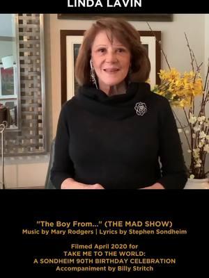 The great, late #LindaLavin singing the fun “The Boy From…” for TAKE ME TO THE WORLD: A SONDHEIM 90TH BIRTHDAY CELEBRATION, with music by #maryrodgers and lyrics by #StephenSondheim (credited originally as Esteban Río Nido).  This was filmed in April 2020 at the height of the COVID pandemic at her home, with @billystritch on piano in her ear via AirPods. #raulesparza Mary-Mitchell Campbell, Bill Curran and I were thrilled when Lavin reached out, asking to be a part of the quickly pulled-together online concert, as she was recreating her 1966 off-Broadway triumph in THE MAD SHOW and offering real levity to our line-up of stars.  When the video was uploaded to Dropbox, we were charmed beyond belief by the performance and remain so to this day. Thanks, Linda.  Credit: @broadwaycom 