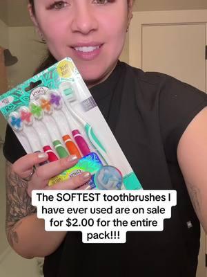 The softest toothbrushes are on sale for $2.00 for the entire pack! #dentalhygienist #toothbrush #softtoothbrush #sensitiveteeth #dentalproducts 