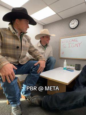 Tall bull riders when at a tiny desk 😉 @Mason Taylor @austin Richardson @johncrimber1 #pbr #utb #bullriders #cowboys #newyork #meta 