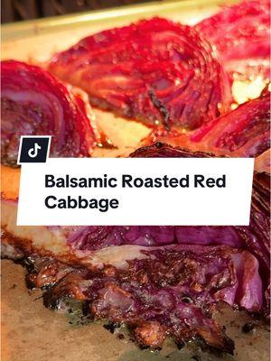 This Roasted Red Cabbage with Balsamic Vinegar recipe is a flavorful, antioxidant-rich side that helps reduce inflammation. As the cabbage wedges roast, they become sweet, perfectly balancing the tangy balsamic and creamy goat cheese. While red cabbage adds a pop of color, green cabbage works just as well. For full recipe information, go to our profile then click the likeshop link. From there, click on the image that corresponds to this video. #fyp #cabbage #cabbagerecipe #roastedcabbage #balsamic 