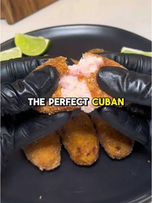 Cuban Croquetas de Jamón (Ham Croquettes) 🇨🇺🔥 recipe ⬇️ 4 tbsp unsalted butter 1 tbsp finely chopped onion 1 cup whole milk 1 cup all-purpose flour or gluten free flour, divided 1/4 tsp nutmeg Salt and pepper to taste 1 tbsp dry cooking wine 1 pound ham 2 large eggs, room temperature 1 cup finely ground bread crumbs/panko or ground saltine crackers 1 tbsp parsley Lime wedges for serving Grind 1 lb of ham of your choice. Melt butter in a saucepan on medium heat. Sauté onions until translucent. Slowly add 1/3 cup flour while mixing. Cook for a minute or 2. Slowly add milk while whisking you have a smooth paste. Add seasonings, cooking wine & ham. Mix until combined. Pour everything in a bowl, cover with plastic wrap & let it rest in the fridge overnight or at least 3 hours. Oil your hands, grab a tbsp of the mixture & form into a small log. Freeze until firm. Dip your logs into 1/2 cup flour first then egg and finally panko/breadcrumbs/saltine crackers. Freeze until firm again. Deep fry 3 at a time in hot oil for 3 minutes or until golden brown. #cubanfood #croquetas #croquetascaseras #croquetasdejamon #croquettes 