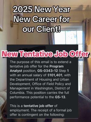 🌟 New Year, New Career! 🌟 A huge congratulations to our client for landing a tentative job offer as a Program Analyst (GS-12) with the Department of Housing and Urban Development in Washington, D.C.! 🎉 This role not only starts with a $101,401 salary but also has the potential to grow to a GS-13 level! Here's to new beginnings and making career dreams a reality in 2025! 🚀 Ready to elevate your career? Let’s make it happen together! #FederalJobs #CareerGrowth #HUD #ProgramAnalyst #NewYearNewCareer