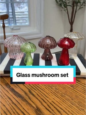 They are finally back in stock and currently 33% off! How cute would these be for a whimsical wedding or a fairy themed party? I just love all the colors.  #glassmushrooms #wedding2025 #weddingcenterpieces #weddingdecor #whimsicalaesthetic #fairy #mushroom #vases #corkydecor #dopaminedecor 