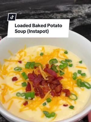 This is one our favorite soups 🍜 Recipe  • 6 pieces of bacon, cooked until crispy  • 1/4 white onion diced  • 2 tbs of minced garlic  • 2 tbs of butter  • 1 tbs bacon fat  • 1/4 cup all purpose flour  • 4 cups chicken broth  • 1 pint heavy whipping cream  • 2 oz cream cheese (softened) • 1 tsp coarse salt  • 1/8 tsp paprika  • 2 cups cheddar cheese  Cook for about 10 minutes in the instapot  Garnish with bacon bits, chives, more cheese and serve with rustic bread or crackers! Enjoy 🙂 #soup#loadedbakedpotato#EasyRecipe#instapot#instapotmeals#soup#soupseason #CapCut 