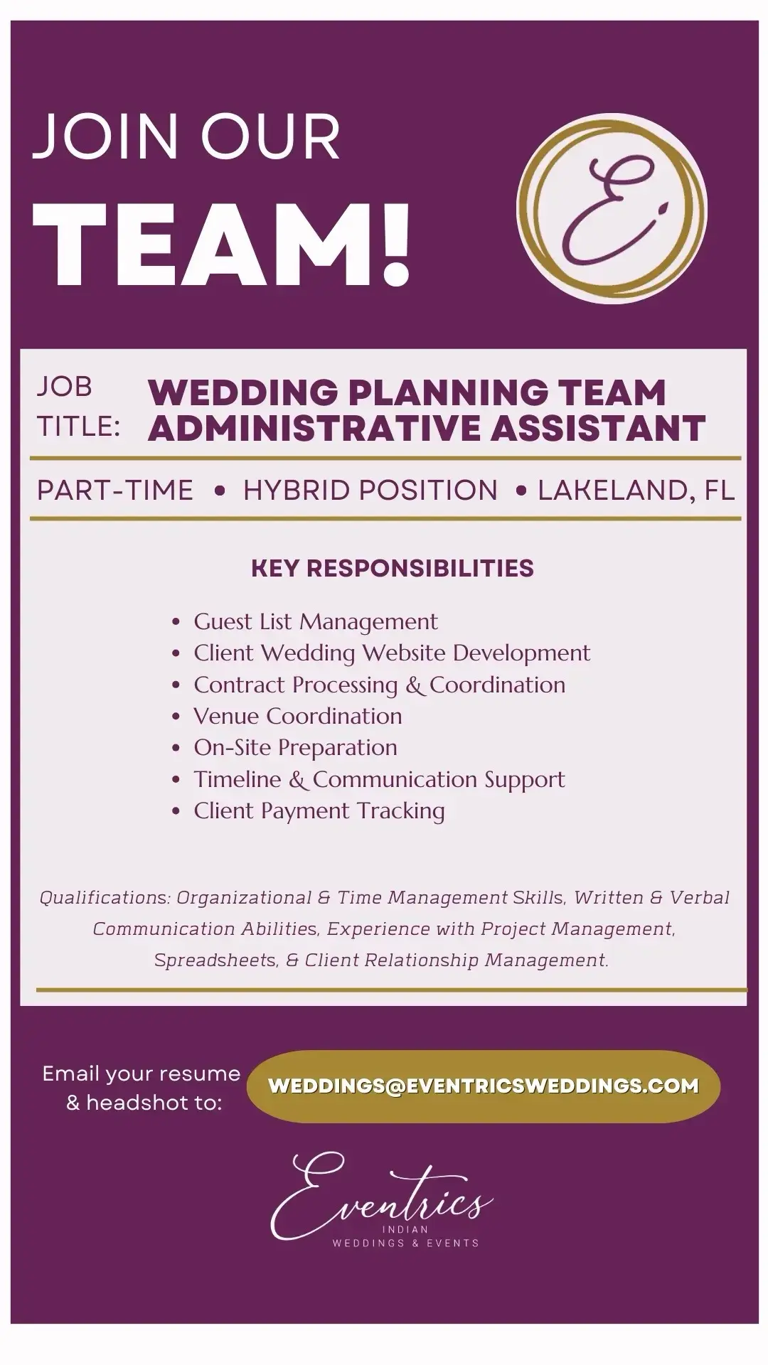 Always wanted to work with an amazing Wedding Planning team? Come support our planners! Email us for more details! 💜✨💍 #weddingplanner #weddingplannerlife #adminassistant #weddingplannerassistant #nowhiring 