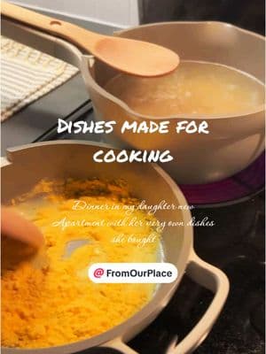 My daughter moved into her very own apartment for the first time and saved up to buy @From Our Place dishes. This was her first time using them! The feature with the spoon is amazing! Like why didn’t we think of that sooner! Cooking made easy! #dishes #cooking #cookware #ourplace #kitchen #kitchenappliances 