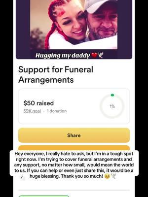 Hey everyone, I really hate to ask, but I'm in a tough spot right now. I'm trying to cover funeral arrangements and any support, no matter how small, would mean the world to us. If you can help or even just share this, it would be a huge blessing. Thank you so much! 🥺🕊️ #longlivemydaddy🕊💔 #gofundmedonations #iloveyou 