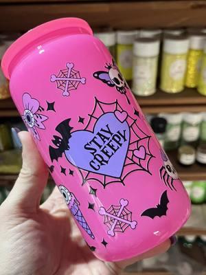 Stay Creepy 💕 I am swooning over this hot pink glass can!! #ShopWithWilkins #CustomTumblers #MotherTumbler #SmallBusiness #WomanOwnedBusiness #GlassCan #uvdtftransfer #staycreepy #AlanasGiftShop #cerrasshop @Mother Tumbler @AGS | Alana’s Gift Shop 