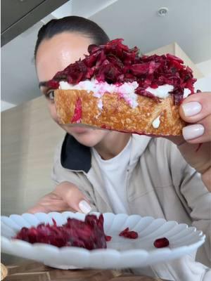 Beet Salad on top of cottage cheese & sourdough bread. #sourdoughbread #beetroot #cottagecheese #cottagecheesetoast #toast 