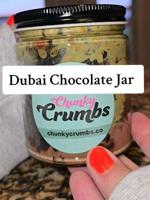 Replying to @thatfunnyflmom you can experience the Dubai chocolate bar but in a jar!These cookie bar jars are delivered from tiktok shop and come in a variety of fun flavors. This Dubai pistachio butter chocolate cookie jars are so rich and flavorful Comment if you want to see the inside of the red velvet oreo  #dubaichocolate #cookiejar #dubaichocolatebar #chunkycrumbs   These cookie jars are made by Chunky Crumbs #pistachio #chocolate #TikTokShop #tiktokshopfood #tiktokshopsnacks 