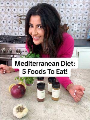 5 Foods You Need to Follow The Mediterranean Diet! 1. Extra Virgin Olive Oil 2. Legumes 3. Nuts & Seeds 4. Whole Grains 5. Spices, Herbs, Onion, Garlic, Lemon  The Mediterranean diet is a balanced eating pattern that is rich in vegetables; fruit; whole grains; lean proteins, especially fish; and good fats from extra virgin olive oil. Red meats? Not too often. Sugars? Save those for special occasions.  Follow along on my 30-Day Mediterranean Diet Meal Plan. Starts tomorrow!  #mediterraneanfood #mediterraneandiet #diet #healthyeating 