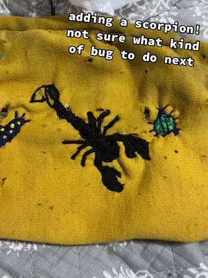 more work on mending with bug embriodery ! did a scorpion and hes almost done #bugs  #cutebugs #DIY #diyfashion #mendingclothes #mending #punk #punktok #punkdiy #punkclothes #sewingtok 