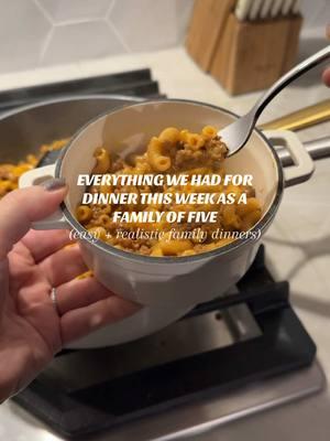 realistic family friendly meals that we had for dinner this week as a family of five! 🍝 i have a 6 year old, a toddler, and a baby, and these are meals we can all eat. We love a family friendly meal around here that’s easy to throw together on busy nights!  I hope this gives you some good dinner inspo for the week ahead!!  #familydinnerideas #easydinners #easymeals #quickrecipes #weeklydinnerinspo #familydinners #familyfriendlydinners #kidfriendlymeals #toddlermamas weekly dinner inspo for families with kids 