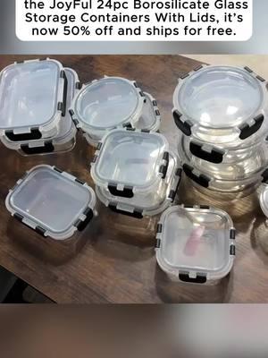 JoyFul 24pc Borosilicate Glass Storage Containers With Lids #glasscontainers #mealprep #storage #kitchenstorage #lunchbox #joyjolt #kitchenorganization #organizedhome #fridgeorganization