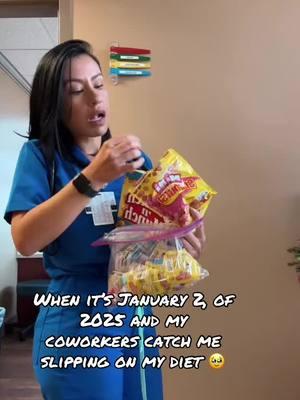 We be like “new years new me” I’m already slipping on my diet on day 2 🥹🤣 🥘.  Scrubs from @Garde-Malade discount code: RCPMILVIA.                                        #newyearsresolution #resolutions2025 #fyp #newyearnewme #relatable #basedonatruestory #coworkers #healthcarehumor #healthcareworkersbelike #12hourshifts 