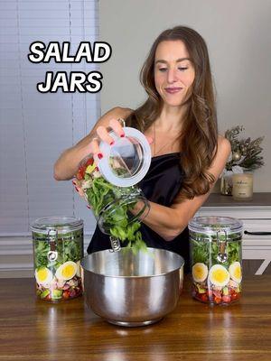 SALAD JARS🥗🫙 These make ahead salads can be kept in the fridge and easily tossed into a bowl when you’re ready to eat- add dressing! 🔗Shop the video on my LTK & Amazon  You can do this with any salad but here are the ingredients I used for my cobb salad: -Romaine -Grilled chicken -Grape tomatoes  -Turkey bacon, crumbled -Avocado  -Hard boiled egg -Cilantro avocado yogurt ranch  #saladjars #saladmealprep #mealprepsalad #cobbsalad #healthyfood #mealprep #mealprepideas #masonjarmeals #mealpreps #saladrecipe #easysalad #lowcarbsalad #lowcarb #healthyeating #cleaneating #healthyfoodideas #mealprepping 