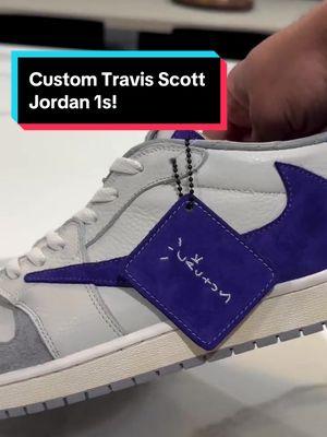 Check out the details on this pair of custom Travis Scott 1s for my boy Akbar! Ak works on a talk show called @The Talk so we made him a pair to represent! Deep violet Italian suede, coconut milk leather, custom embroidery and more! Howd they turn out??? #customjordans #customshoes #customsneakers #jordan1s #jordan1 #nikejordan #travisscott #travisscottjordan 