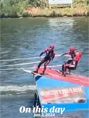 #onthisday three men up and over the jump ramp. Two of them stuck the landing. #getonthewater #joinawaterskiteam #learntowaterski #worldwidewaterskiing #showskibook #Watersports #waterskiing #jump #waterskishow 