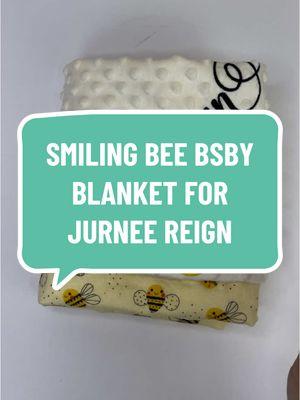 A smiling bee baby blanket. Personalized for Jurnee Reign. #personalizedgifts #embroideredgifts #giftgiving #forbaby #beebabyblanket #bee #forbabygirl #smilingbee #personalizedbabyblanket #babyblanket