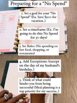 Every January, I do a “No Spend” to recover from the holidays. Here is how I prepare:  1. Set a goal (why do you need to do this?) 2. How long is your no spend going to be and when are you going to do this? I love to do mine in January, June, August and November  3. Set Rules: No shopping and no fast food (essential spending only)  4. Add Exceptions: You may have a special event or holiday within that timeframe, give yourself a day off to ensure your success with your no spend (my daughter’s birthday is this month so I’ll take that day off)  5. Track your savings (keeping track of your savings will keep you motivated)  6. Think of what could hinder you and make it a top priority during your no spend (not meal planning or prepping, not planning my week) 7. Prepare, prepare, prepare… #Budgetwithme #budgetonpaper #paperbudget #paperbudgeting #paperbudgets #paperbudgeters #paperbudgetplanning #paperbudgetplanner #savingschallenge #savingstips #monthlybudget #monthlybudgeting #monthlybudgettips #expensetracker #expensetracking #organizedmoney #moneyroutine