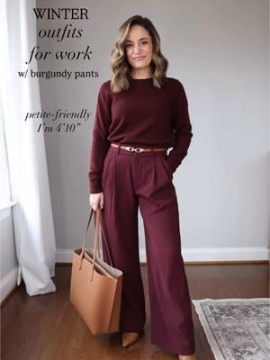 Four outfit ideas for work with burgundy pants! As always, these outfits are petite friendly (unaltered on me at 4’10”).  Sharing the links to shop, individual outfit photos, and sizing details in my bio. Links will take you to:  - My LTK profile. You can follow me on the app under pumpsandpushups to shop all of my outfits, see exclusive content and get a first look at all of my petite picks before they hit socials.  - My blog at pumpsandpushups.com. I write up a blog post for every video (some exceptions) you see with links, sizing descriptions, outfit photos, and more in depth reviews of the items.  #petitestyle #petitefashion #weartowork