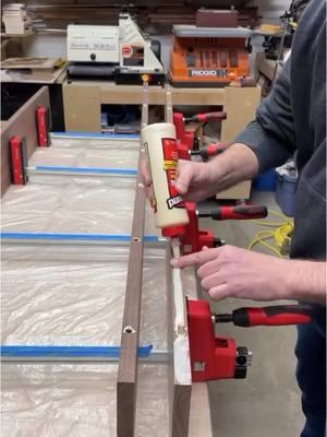 Gluing up the walnut boards with some of those great Bessey Tools KBody clamps that everyone loves. I love using these parallel clamps. This table top has 6 boards so I am gluing these together in two sets of three and then I’ll glue those two together in the final glue up.  @BESSEY Tools North America #bessey #clamps #clamping #tabletop #table