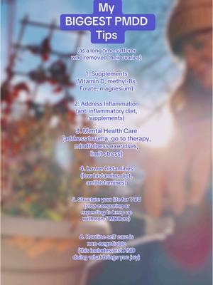 If you’re neurodivergent, these are that much more important!  💜Supplements: Many with PMDD have deficiencies in nutrients like Vitamin D, magnesium, and methylated B vitamins. These support brain health, neurotransmitter function (like serotonin production), and reduce inflammation, helping to stabilize mood and energy. 💜 Address Inflammation: Chronic inflammation is linked to heightened PMDD symptoms. Anti-inflammatory diets (rich in omega-3s, antioxidants, and whole foods) and supplements (like turmeric or omega-3 fatty acids) can lower systemic inflammation, easing pain and mood swings. 💜 Mental Health Care: PMDD can intensify emotional sensitivity and amplify past trauma. Addressing trauma through therapy and practicing mindfulness can help regulate the nervous system and reduce the stress-hormone response, which worsens symptoms. 💜 Lower Histamines: Histamine, which affects mood and inflammation, can spike with PMDD. A low-histamine diet (avoiding foods like aged cheeses, alcohol, and processed meats) and antihistamines can calm both physical and emotional symptoms, especially in those with MCAS or histamine intolerance. 💜 Structure Life for YOU: PMDD impacts executive functioning, energy, and emotions. Adjusting expectations to your capabilities and creating a structure that respects your PMDD cycle prevents burnout and builds self-compassion. 💜 Routine Self-Care: Hormonal shifts with PMDD demand regular self-care to stabilize mood and physical health. Rest supports your body’s healing, while joyful activities boost dopamine and serotonin, countering PMDD’s depressive effects. #pmdd #premenstrualdysphoricdisorder #pmddawareness #pmddsupport #pmddstruggles #pmddcommunity #pmsproblems #womenshealth #afabhealth #adhdinwomen #afabadhd #autisminwomen #afabautistic 