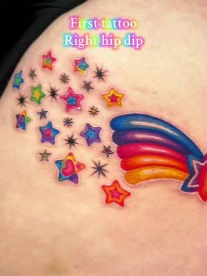 Yay! 🌈 Got to finish up this project by adding another shooting star to Beth’s other hip dip 💫 We changed the the shape of the design for the other side slightly to fit within the area ~ We kept everything the same size and positioning with little changes to accommodate the body’s asymmetry 💖💖💖 #tattoo #tattooartist #tattooartistsoftiktok #tattooart #foryou #contemporarytattoo #femaleartist #femaletattooartist #texastattoo #atxtattoo #austintattoos #lisafrank #colorfultattoo #colortattoo #rainbow #rainbowtattoo #lisafranktattoo