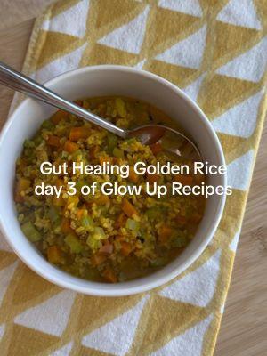 Day 3 of 30: Gut Healing Golden Rice  gluten free | dairy free | gut healthy  You can get all 30 recipes right now inside the 30 Days of Glow Up Recipes ebook.  Ingredients 1 cup organic brown rice 3 cups organic bone broth 2 celery stalks, chopped 2 carrots, peeled and chopped 1 small onion, chopped 2 pieces of kombu 2  tablespoon grass fed butter 1 cup coconut milk (gum free) 1 tsp ground turmeric 1 tsp ground curry powder Method Melt 1 tablespoon of  butter over low heat in a medium size sauce pan Add brown rice and stir to coat with melted butter Add 2 cups of bone broth and 2 pieces of kombu. Cook until rice is soft according to packaging. While rice cooks, chop onion, celery and carrot. Saute veggies in butter on a frying pan until soft and fragrant. Add salt and pepper to taste. Once rice is cooked, add cooked vegetables to the pot. Mix together. Turn off heat. Add remaining bone broth, coconut milk, turmeric and curry powder. Mix together and serve.  #guthealingfood #guthealing #guthealth #guthealthtiktok #nutritionforwomen #nutritioncoachforwomen #bonebroth #bonebrothrecipe #easyhealthyrecipes #healthyrecipes 