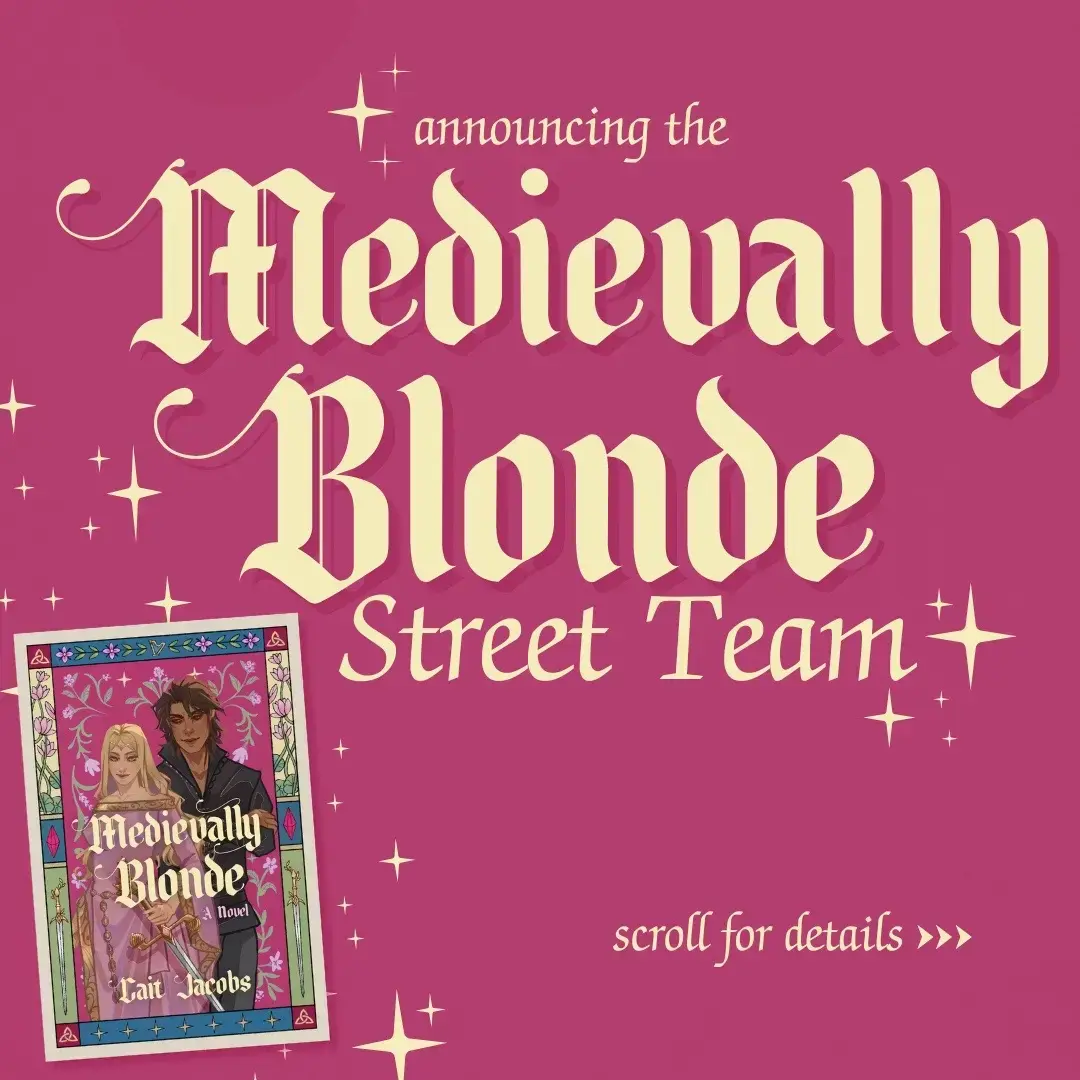 I have been a member of quite a few street teams, and I loved being a part of them. Because of that, I always thought that if I were to publish my own book, I would want to start my own💖 If you're excited about Medievally Blonde and possibly interested in helping out with its release, please fill out the application in my bio!!⁠ ⁠ Unfortunately, I won't be able accept everyone, but if you still want to help out, definitely join my discord! That's where the street team will be hosted, and even if you dont get on the team/get access to the private channels, it's still the best place to get Medievally Blonde news (and we can all still hang out there)⁠ ⁠ Now, I know I've mentioned this a million times, and I even mention it in the slides above, but I can't say it enough: I'm so incredibly thankful for all of you and your support during all of this. It's so surreal to me that not only do some people know about my silly little book, but they're actually excited to read it!! I love you guys💖⁠ .⁠ ABOUT MEDIEVALLY BLONDE:⁠ "A princess desperate to win back the prince who broke her heart follows him to his kingdom's prestigious military academy—and in doing so, falls in love, saves the realm, and continues to look fabulous, in this romantic debut fantasy loosely inspired by Legally Blonde."⁠ ⁠ Medievally Blonde is my Legally Blonde and Irish folklore inspired romantic fantasy that will be out August 19th (July 31st in the UK)!!! It features queer and disability rep, and is available for pre0rder now (and on Goodreads and Storygraph)  .⁠ 🏷️: medievally blonde by cait jacobs, romantasy, romantic fantasy, legally blonde, 2025 releases, medieval fantasy books, #BookTok   #medievallyblonde #romantasy #caitsbooks ⁠