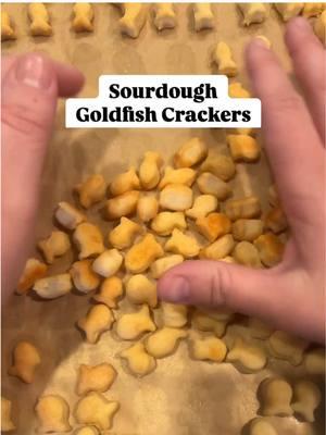 You can find the goldfish cutout on Amazon! To make the dough, add the following to a food processor: 1/2 cup sourdough discard (you could also use active starter) 1 cup all purpose flour 4 tbsp butter 1 tsp salt 1 cup sharp cheddar cheese, shredded 1/2 tsp turmeric powder (optional for color, I don’t use it!) Blend until a dough ball forms, then wrap and either keep in the fridge for up to 2 days to long ferment, or roll out and bake immediately! Roll out onto a floured surface to about 1/8 inch thick. Use your goldfish cutout and cut them and place on a lined baking sheet (just make sure they’re not touching). You can also take a pizza cutter and cut into squares if you want something a bit quicker! I just put on a show and work on cutting them out at night, it’s pretty fun! Sprinkle a little extra salt on top if you’d like, then  Bake at 350 for 20 mins or until golden and crunchy. Wait until they’re completely cooled and then store in an airtight container for 2 weeks! Enjoy!! #homemadesnacks 