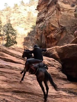 Slippery with no speed! Would you ride your horse up this slick rock?  #horsesoftiktok #mustanghorse #cowboy #horses #manfromsnowyriver #blmmustang #morganhorse #fyp (Performed by Professionals)