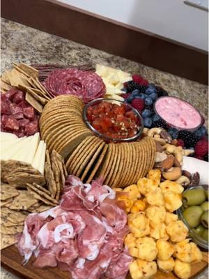 The last charcuterie board of 2024, for the New Years Party, #charcuterie #Cheeses #CharcuterieBoard #Cheese #Salami #Sausage #CheeseAndCrackers #GoatCheese #Gouda #Olives #AlmondCrackers