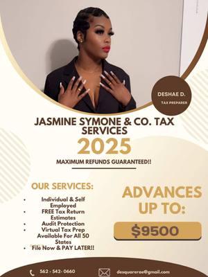 Tax Season Has Started 🎉🎉 FREE ESTIMATES - Advances Up To $9500 - FILE NOW , PAY LATER OPTION ‼️‼️ #fyppppppppppppppppppppppp #blackgirl #blackgirltiktokers🤎 #dayswithdeshae🤎 #letstalktaxeswithdeshae #incometaxes #irs #virtualtaxoffice 