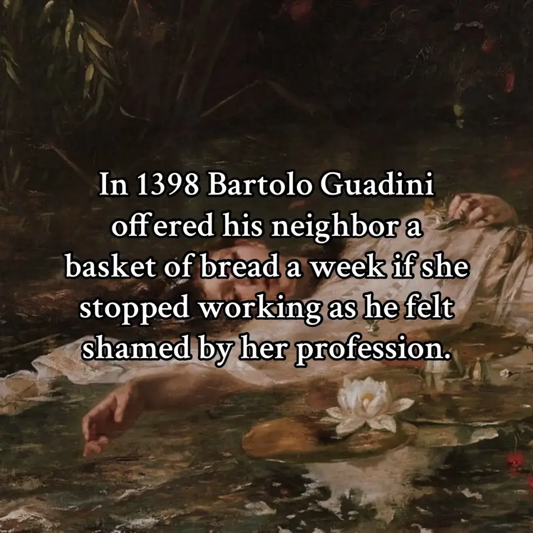 Angela was said to be married, which can lead one to believe that her own husband was in agreement or her “handler”. When Bartolo made his offer, she countered by saying she would stop if he paid her two florins a week, to which he refused.  This was the reality of many women living in Medieval Italy who shared Angela’s profession.  #medieval #medievalhistory #medivaltiktok #medievaltok #medievalcore #medievalart #themiddleages #medievaleurope #medievalaesthetic 