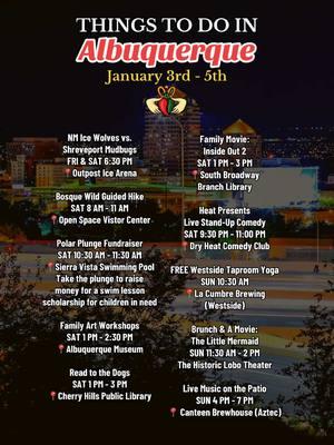 Things to do in Albuquerque this weekend (January 3rd - 5th). Please contact event organizers for more information and to verify event details. I'm human and can make mistakes with event information lol.  If you know of any other events taking place this weekend in Albuquerque or Rio Rancho, please comment down below!  I am not involved in these events and can't speak to the organization of the event or how fun your experience will be.  #abqnm #albuquerque #abqevents #abqtodo Albuquerque events #newmexico #riorancho 