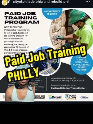 Please SHARE & SAVE THIS! Are you interested in a trade? Want a career? Need help on what to do and where to start? Look no further!  All the info you need is here, feel free to check out their IG and website that has all additional information regarding the opportunity.  #share #save #viral #philly #phl #resource #resources #trade #construction #career #paidjobtraining #jobtraining #program #youth #philadelphiaeagles #northphilly #southphilly #westphilly #northeast #215 #carpenter #carpentry #masonry #plaster #cityofphiladelphia 