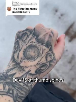 Replying to @headshouldersbeesandtoes Day 15- swelling and bruising went down, I took my stitches out a few days ago.  I’m still in a little bit of pain. It’s just a minimal dull ache. ##spiderlegs##yallternative##subdermalimplant##thumbspine##siliconimplant##bodymods##inked##tattootiktok