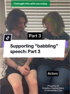 If your person repeats single words or you can’t tell what they are saying, try this for more focused interactions. It helps cue the brain so they are less confused and they have something to talk to you about.  I’m not a fan of calling this “babbling” speech because just because we can’t understand what they are saying, it doesn’t mean they are babbling, which is defined as: “the action or fact of talking rapidly and continuously in a foolish, excited, or incomprehensible way.”  The words are not coming out as they want them to, but it’s not foolish or incomprehensible.  In Montessori care we teach how to understand different forms of speech instead of just passing this off as “that’s just dementia.” #cna #cnalife #alf #dementia #alzheimers #alzheimerscaregiver #dementiaawareness #dementiacaregiver #montessori #montessoridementiacare #lewybodydementia #frontotemporaldementia #accessibility #memorycare #alzheimerscare #homehealthcare #dementiaactivities #seniorliving