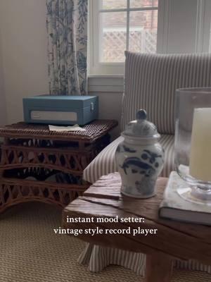 As soon as we moved into our home, I pictured a record player here to not only set the mood, but slow life down and appreciate the little things. This is a great one for beginners and comes in so many colors! Shop in my b i o  #ltkhome #recordplayers #crosleyvoyager #voyagerturntable #marthastewartliving #inagarten #classichomedecor #classicstyle#sittingroomdecor #athomebar #homebar #nancymeyers #coastalstyle #cottagestyle