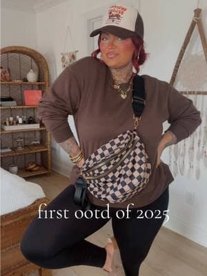 first ootd of 2025. ✌🏼❤️‍🔥✨ my checkered bag, hat, shoes, and jewelry are all linked in my tiktok shop. #fyp #OOTD #midsizeootd #ootdinspo #mominfluencer #midsize #midsizeinfluencer #influencer #blogger #momblogger #makeup #makeupinfluencer #fypシ #teamwork #girlsgirl #tattoos #makeuptutorial #redhair #hat #truckerhat #burgundyhair #influencer #grwm #iykyk #midsizefashion #midsizestyle #checkered #bumbag 