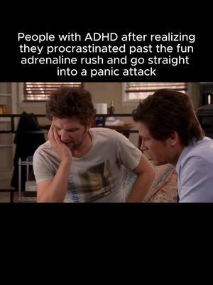 People with ADHD often procrastinate because the pressure of a looming deadline creates the adrenaline rush needed to spark focus and motivation. ⏰ But sometimes, we misjudge how much time is left, or the anxiety of starting gets too overwhelming. Instead of a productive adrenaline boost, we’re stuck in fight-or-flight panic. 🫨 This happens because ADHD brains struggle with time blindness and emotional regulation. Time feels abstract, so it’s easy to underestimate how long tasks will take. And when the dopamine-fueled ‘fun’ of procrastination fades, we’re left with stress hormones like cortisol flooding our system, making it even harder to focus. If this resonates, try creating small, low-pressure starting points or external accountability (like a buddy system) to get past the initial wall. You’re not lazy or broken—your brain just works differently. 💙 #ADHD #ADHDBrain #ADHDLife #ADHDAdult #ADHDLifeBeLike #ADHDBrainBeLike #ADHDCommunity #ADHDMeme #ADHDMemes #ExecutiveDysfunction